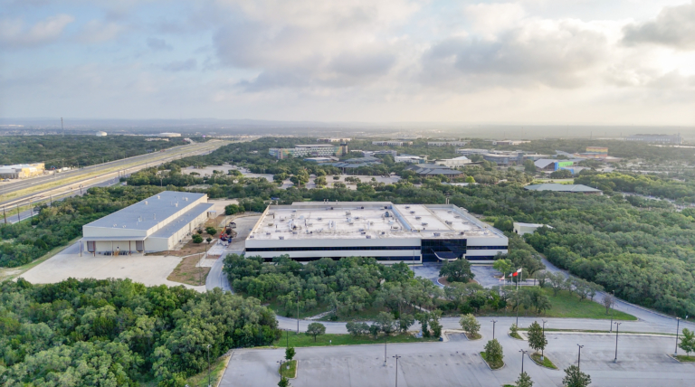 Aerial view of office buildings and highway