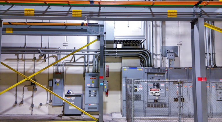 Factory wall with electrical panels and piping
