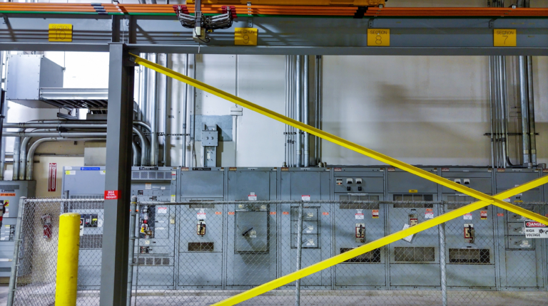 High-voltage switchgear behind yellow diagonal braces