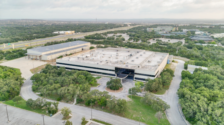 Drone view of office building entrance